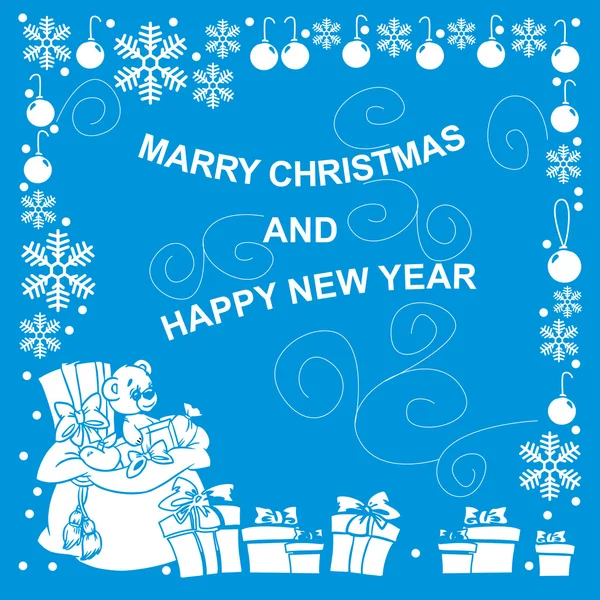 Tarjeta de Año Nuevo con regalo sobre fondo azul — Vector de stock